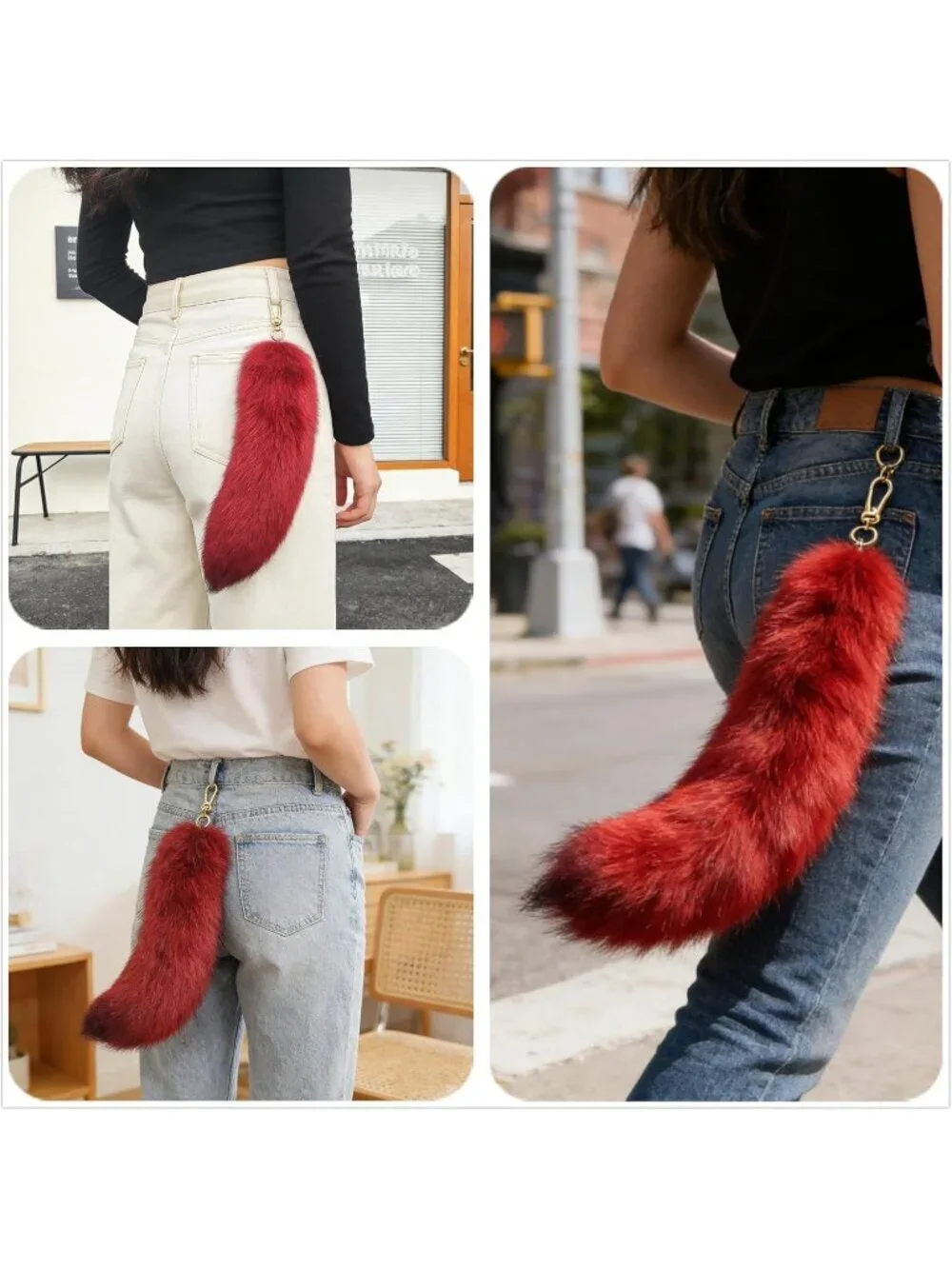Women's Red Fluffy Fox Tail Cosplay Keychain Birthday Party Costume Handbag